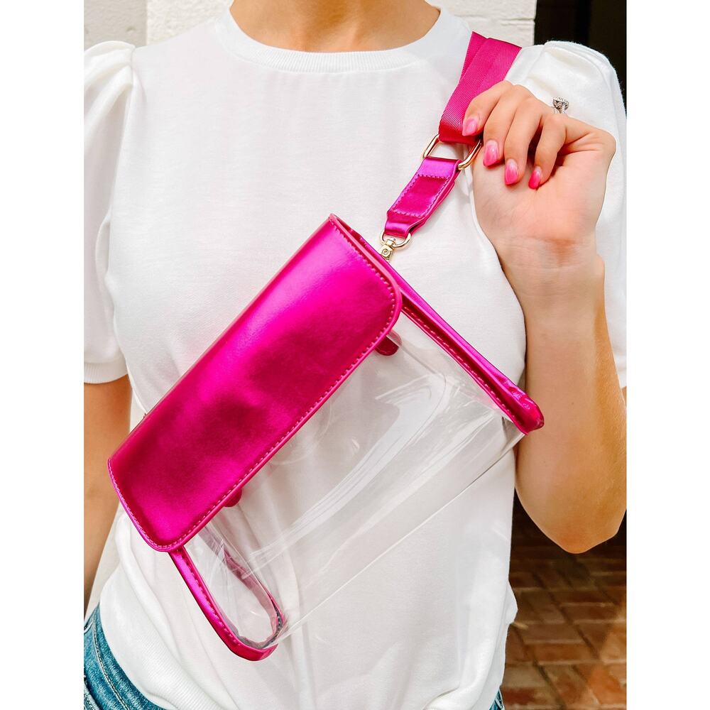 Tatum Convertible Clear Sling Belt Crossbody Bag Metallic Fuchsia